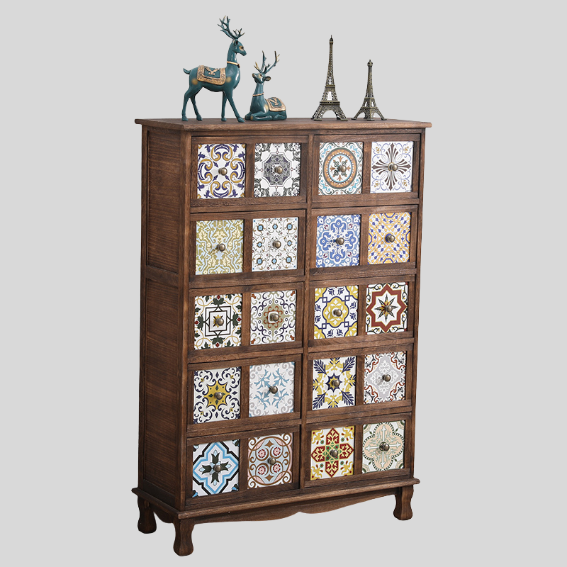 Vintage Mediterranean Ceramic Tile Drawer Cabinet – Handcrafted Solid Wood Storage Chest