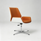 A modern lounge chair with a warm orange-brown leather seat and backrest, white side panels, and a chrome five-star base, photographed on a light gray studio background.