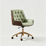 Button-Tufted Leather Swivel Office Chair | Wood Shell & Gold or Silver Base