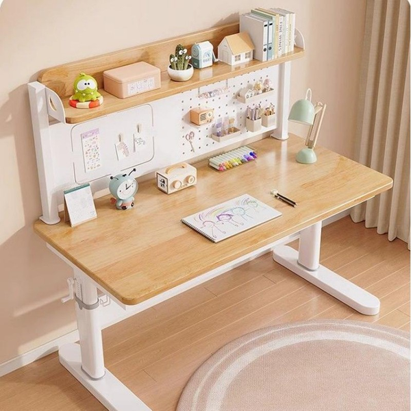 Adjustable Kids Study Desk with Bookshelf – Natural Wood Finish