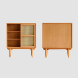 Nordic Pine Wood Sideboard with Rattan & Glass Sliding Doors