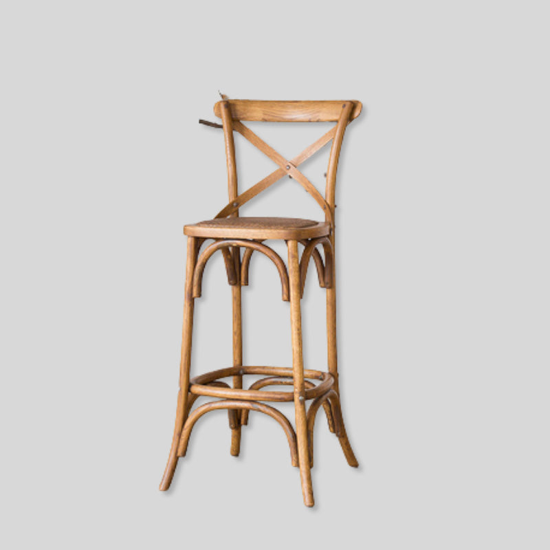 Cross Back Oak Wood & Rattan Barstool