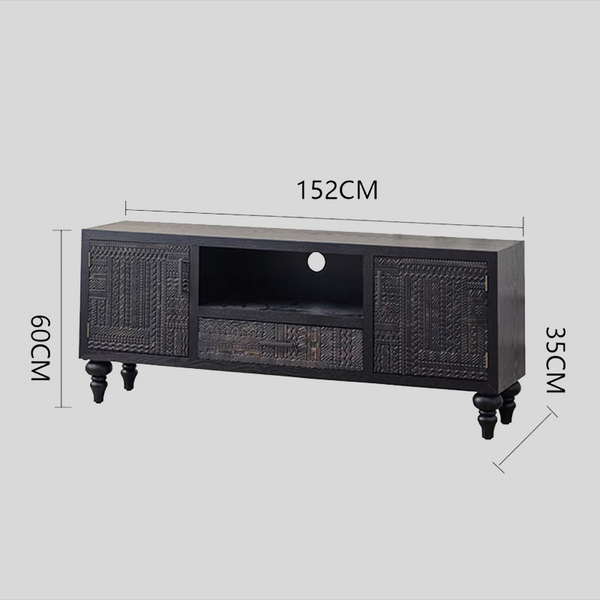 Black Carved Wood TV Cabinet with Storage Drawers