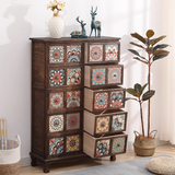 Vintage Mediterranean Ceramic Tile Drawer Cabinet – Handcrafted Solid Wood Storage Chest