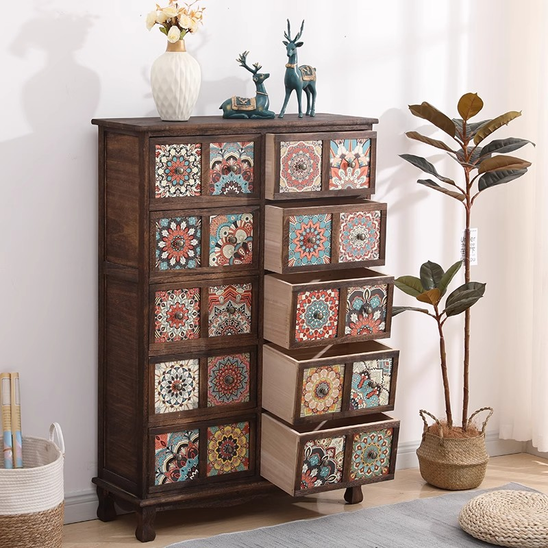 Vintage Mediterranean Ceramic Tile Drawer Cabinet – Handcrafted Solid Wood Storage Chest