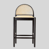 Boucle Bar Stool with Back, Upholstered Kitchen Stool with Natural Rattan Woven Back and Solid Wood Legs