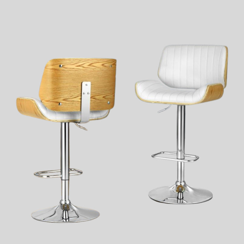 Set of 2 White PU Leather Bar Stools - Adjustable Swivel Counter Height Stools with Wooden Backrest