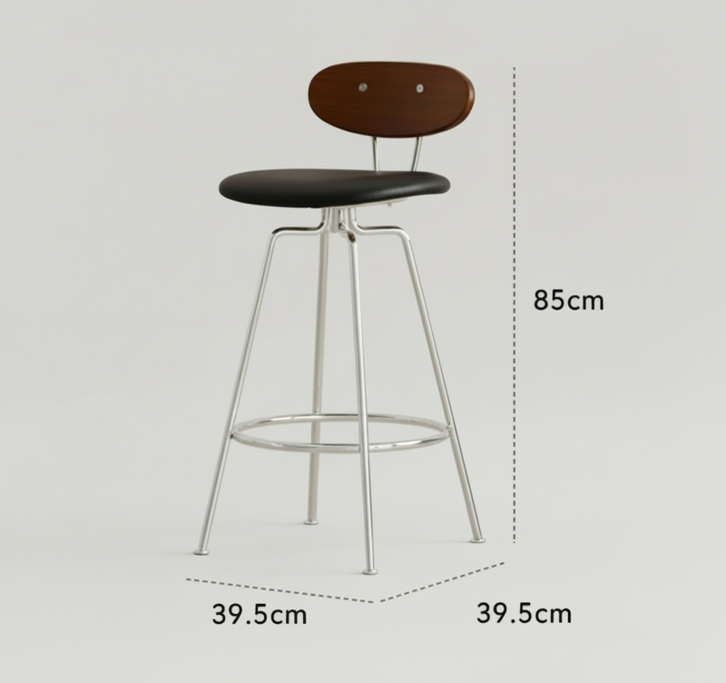 Mid-Century Minimalist Steel Frame Bar Stool with Wooden Backrest & Soft PU Seat