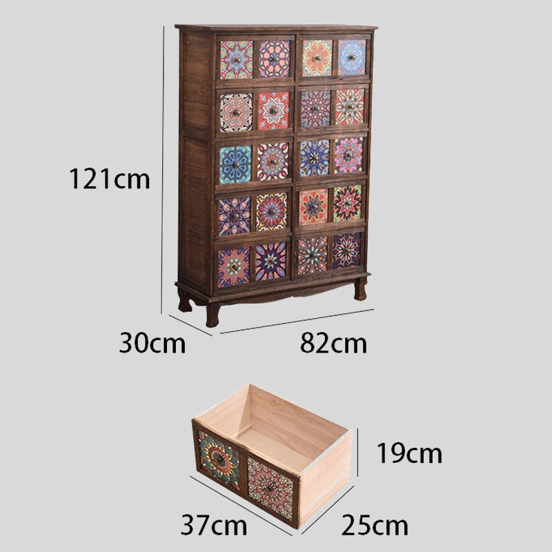 Vintage Mediterranean Ceramic Tile Drawer Cabinet – Handcrafted Solid Wood Storage Chest