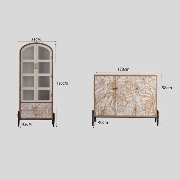 Golden Tropical Leaf Carved Wood Sideboard – Modern Natural Wood Storage Cabinet