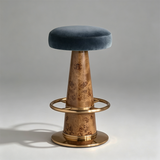 French Mid-Century Bar Stool – Stainless Steel & Burl Wood, Velvet Seat