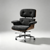 A modern lounge chair with dark gray tufted upholstery, a curved wooden side frame, and a chrome five-star base with casters, photographed on a light gray studio background.