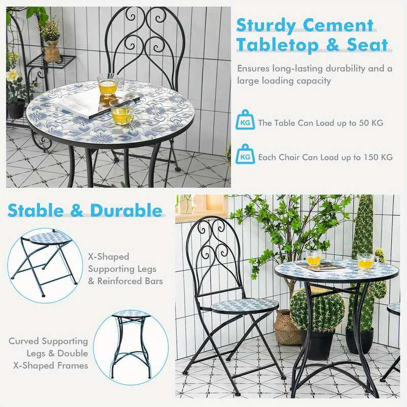 Vintage Mosaic Bistro Set – Folding Iron Table and Chairs for Patio & Garden