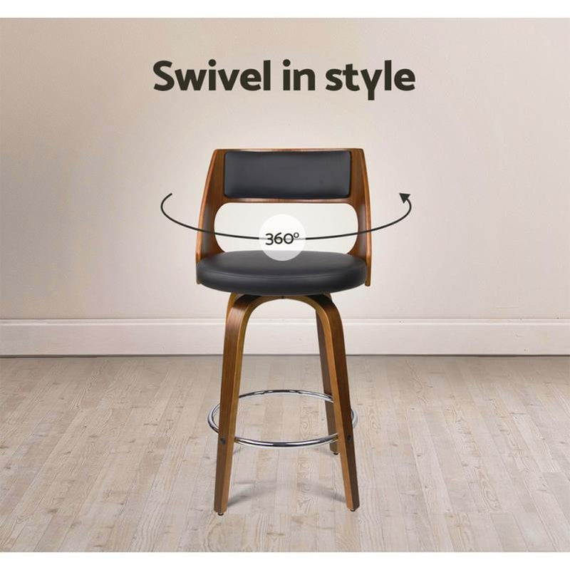 Set of 2 Mid-Century Modern Walnut Bar Stools - 360° Swivel PU Leather Seat with Chrome Footrest