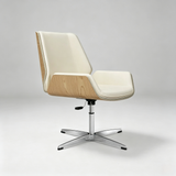 Modern office chair with cream-colored leather upholstery, light natural wood side panels, and a chrome star base, shown on a light gray studio background.