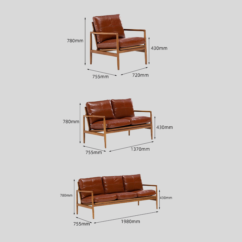 Mid-Century Solid Wood Leather Sofa