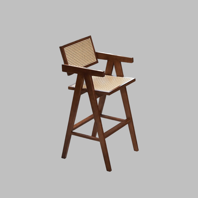 Mid-Century Modern Rattan and Wood Bar Stool with Armrests