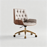 Button-Tufted Leather Swivel Office Chair | Wood Shell & Gold or Silver Base