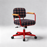 An office chair with a red metal frame, black casters, and a navy blue plaid upholstered seat and backrest, featuring light wood armrests.