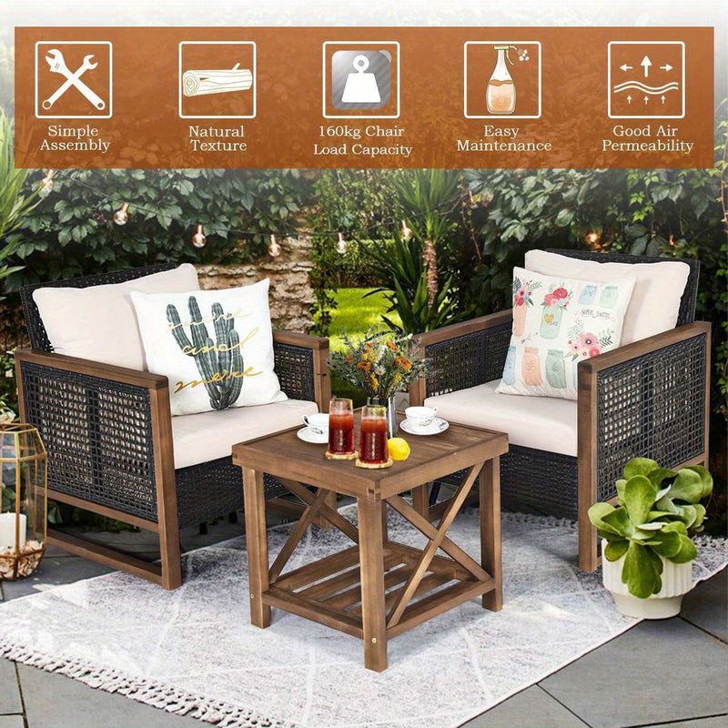 3-Piece Outdoor Acacia Wood Patio Set with Rattan Armchairs and Coffee Table