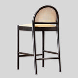 Boucle Bar Stool with Back, Upholstered Kitchen Stool with Natural Rattan Woven Back and Solid Wood Legs