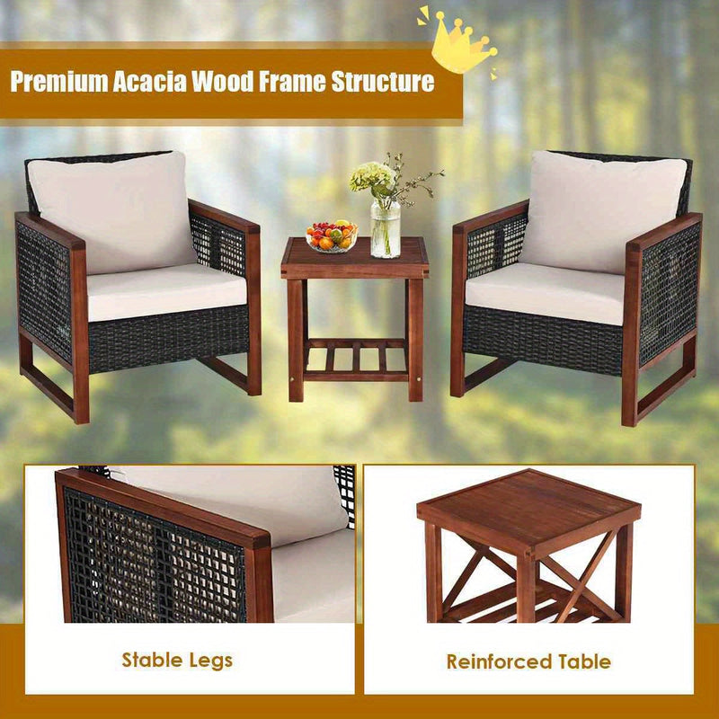 3-Piece Outdoor Acacia Wood Patio Set with Rattan Armchairs and Coffee Table