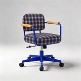 A modern office chair with a blue metal frame, light wood armrests, and a navy blue plaid upholstered seat and backrest, shown on a light gray studio background.