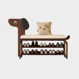 Dog-Shaped Solid Wood Shoe Storage Bench with Leather Cushion | Entryway Seating with Shelves