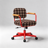 A modern office chair with a brown and beige plaid upholstered seat and backrest, light wood armrests, and a bright red five-star metal base with black casters, shown on a light gray studio background.