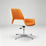 A modern swivel office chair with orange upholstered seat and backrest, white side panels, and a chrome five-star base, photographed on a light gray studio background.