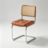 A modern dining chair with a tufted brown leather seat, a woven cane backrest, and a chrome cantilever base, photographed on a light gray studio background.