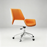 Modern office chair with a bright orange upholstered seat and backrest, white side panels, and a chrome five-star wheeled base, photographed on a light gray studio background.