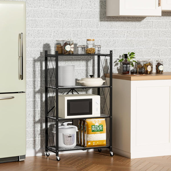 Foldable Metal Storage Shelf with Wheels – 4-Tier Heavy-Duty Rolling Rack for Kitchen, Office, Living Room, or Garage