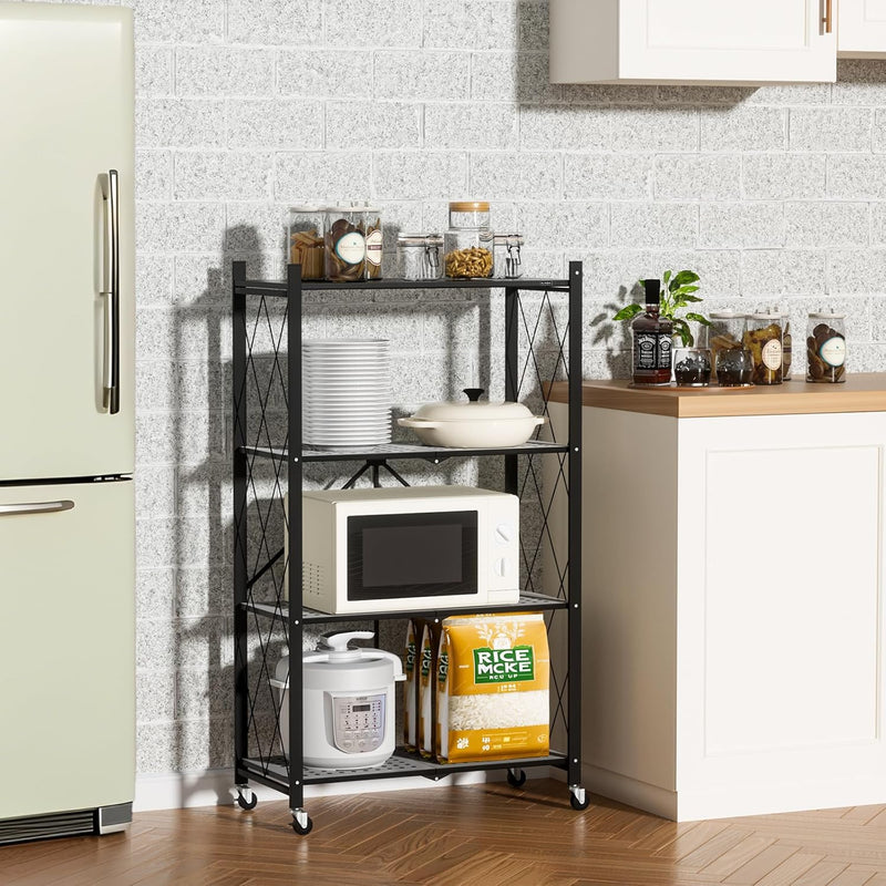Foldable Metal Storage Shelf with Wheels – 4-Tier Heavy-Duty Rolling Rack for Kitchen, Office, Living Room, or Garage