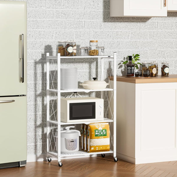 Foldable Metal Storage Shelf with Wheels – 4-Tier Heavy-Duty Rolling Rack for Kitchen, Office, Living Room, or Garage