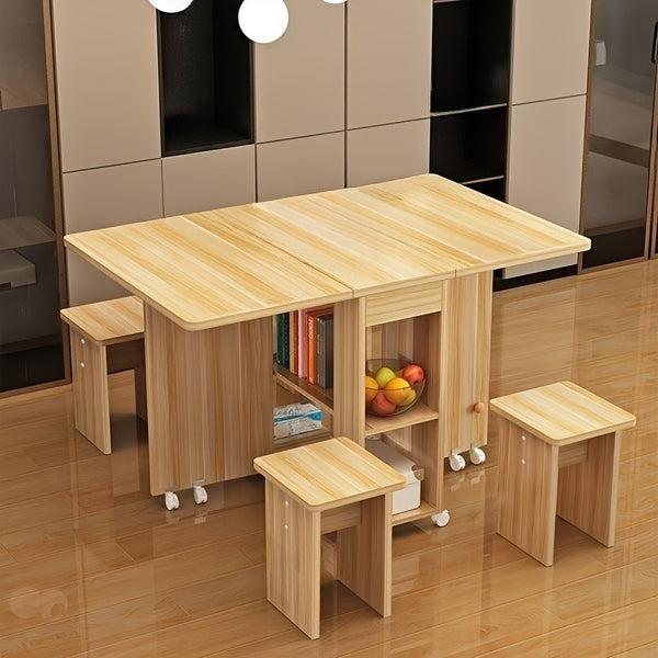 Folding Extendable Dining Table Set with Storage Shelves and 4 Stools