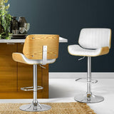 Set of 2 White PU Leather Bar Stools - Adjustable Swivel Counter Height Stools with Wooden Backrest