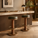 Mid-Century Ash Wood Bar Stool – Velvet Seat & Stainless Steel Footrest