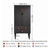 Black carved cabinet dimension diagram showing 80 cm width, 35 cm depth and 170 cm height.