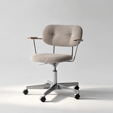 Taupe boucle office chair with a buttoned backrest, wooden arm pads and a polished five-star castor base.
