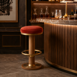 Mid-Century Ash Wood Bar Stool – Velvet Seat & Stainless Steel Footrest