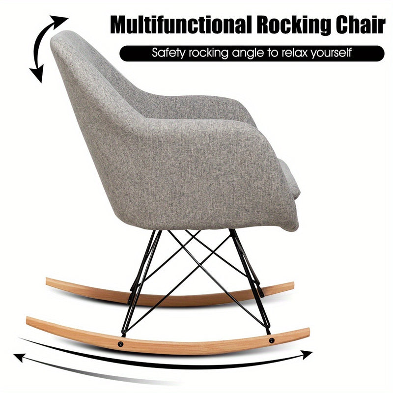 Modern Grey Upholstered Rocking Chair with Ergonomic Design and Solid Wood Base