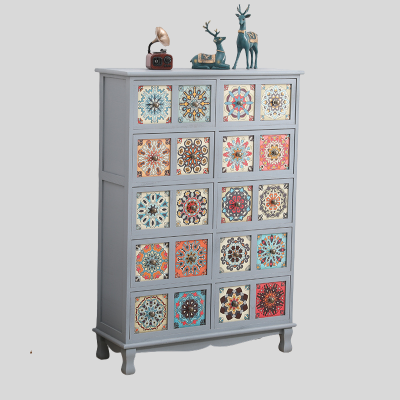 Vintage Mediterranean Ceramic Tile Drawer Cabinet – Handcrafted Solid Wood Storage Chest