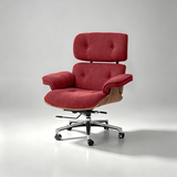 A modern lounge chair with a red tufted fabric seat and backrest, supported by a curved light wood shell and a chrome five-star wheeled base, photographed on a light gray studio background.