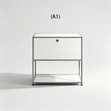 Silver modular cabinet with one upper door and an open-backed lower shelf, configuration A1.