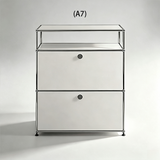 Tall silver modular cabinet with a shallow open top shelf and two stacked doors, configuration A7.