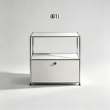 Silver modular cabinet with an open-backed upper shelf and one lower door, configuration B1.