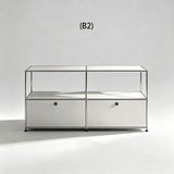 Two-column silver sideboard with open-backed upper shelves and two lower doors, configuration B2.