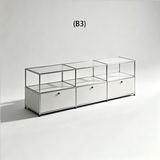 Angled view of a three-column silver sideboard with open-backed upper shelves and three lower doors, configuration B3.