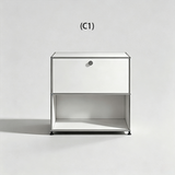 Silver modular cabinet with one upper door and an enclosed lower display cubby, configuration C1.